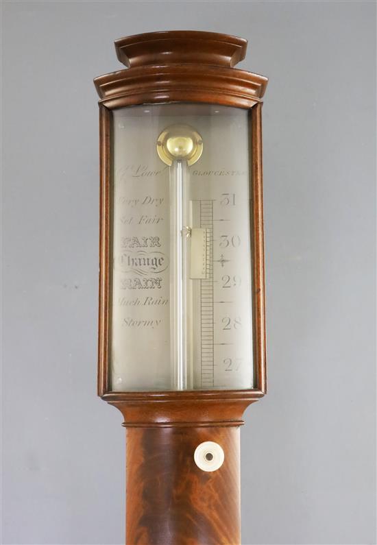 G. Lowe of Gloucester. A Regency flame mahogany bowfront stick barometer, 39in.